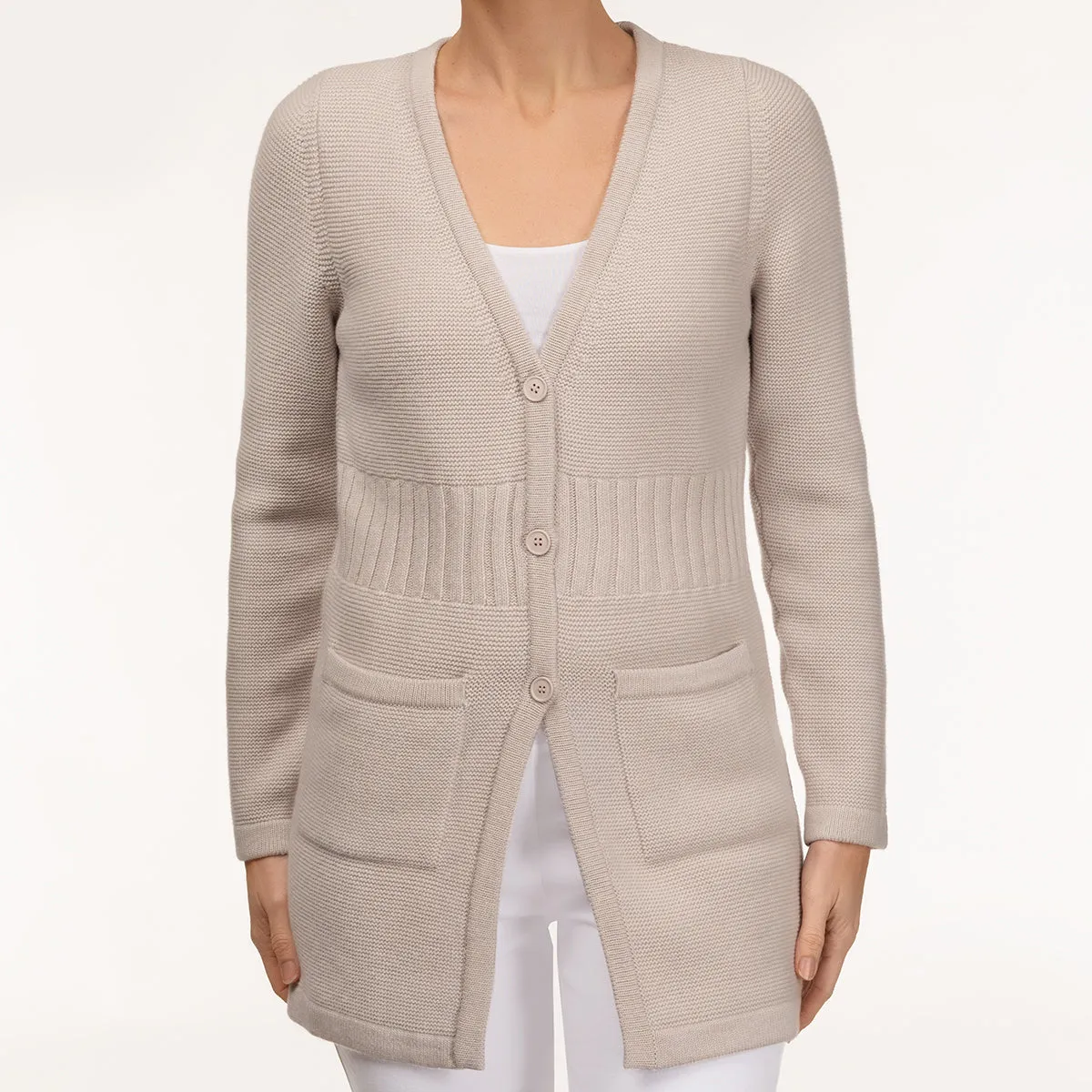 Rib Waist Long Cardigan in Alabaster