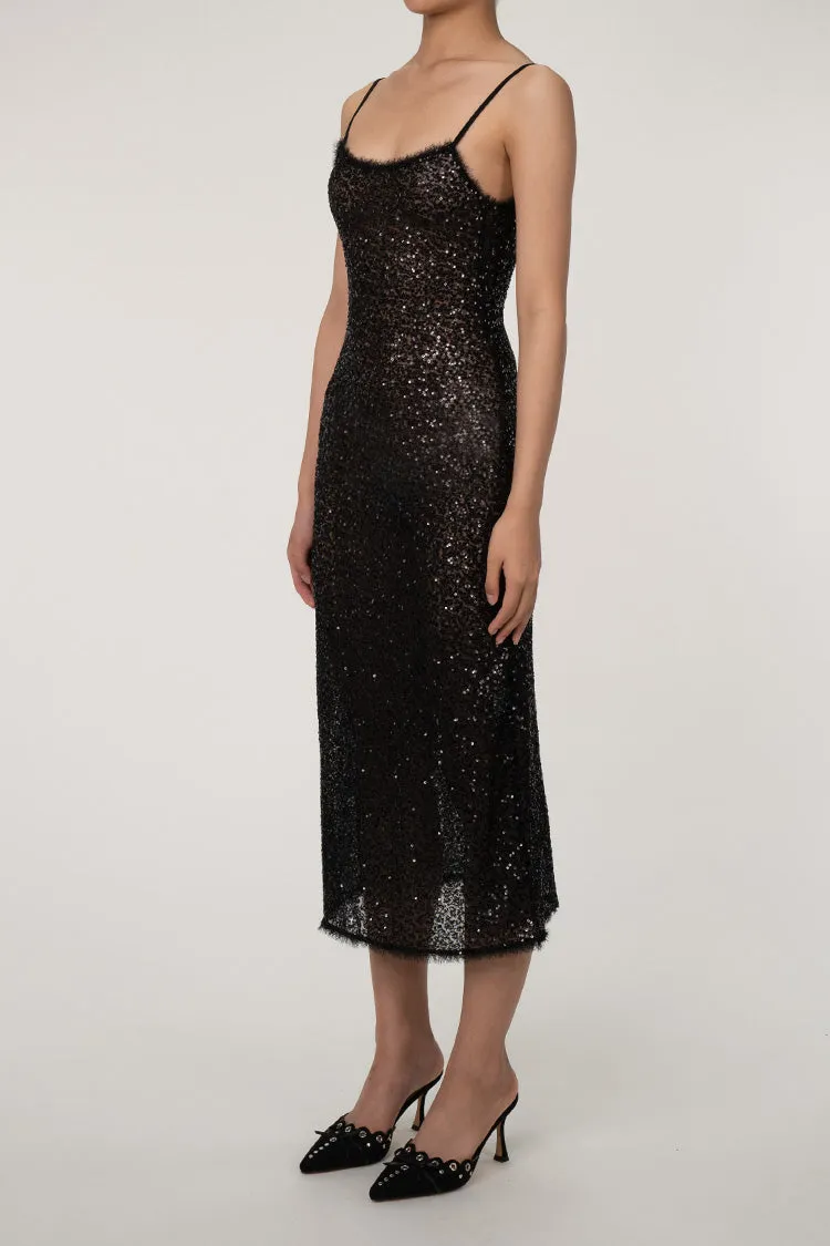 Sparkly Sequin Frayed Square Neck Spaghetti Strap Evening Slip Maxi Dress