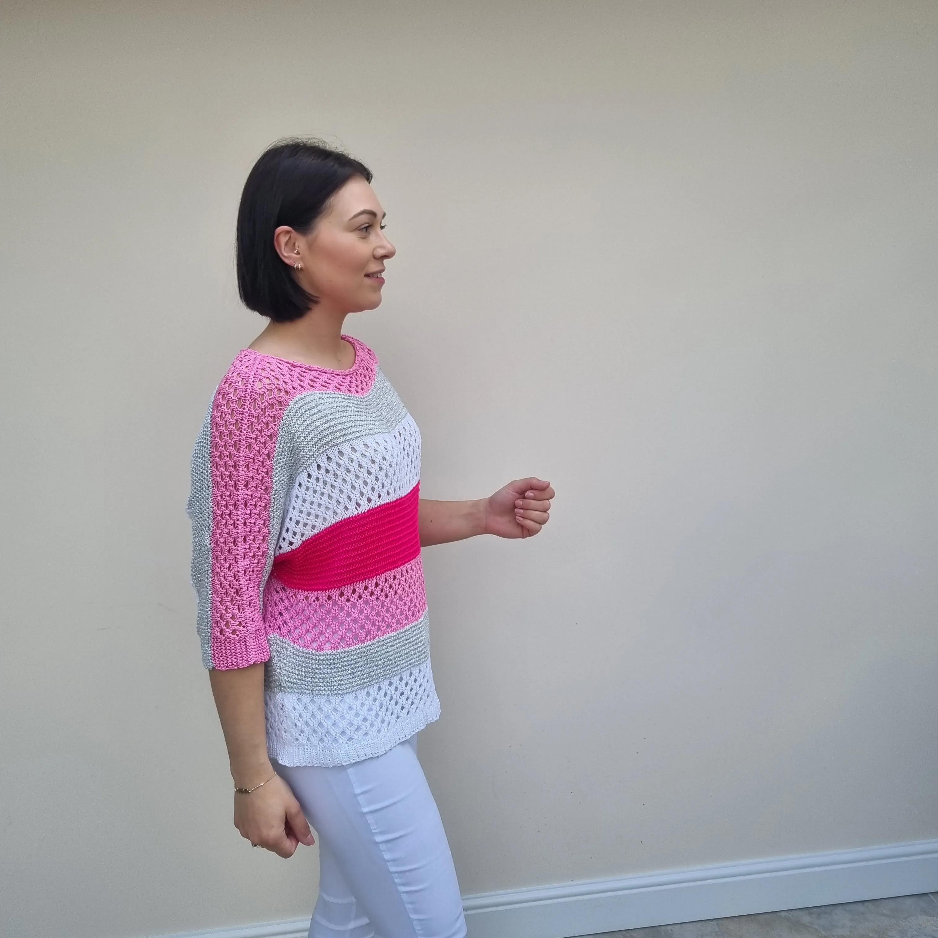 Sugar Crisp Crochet Knit Striped Top with Metallic