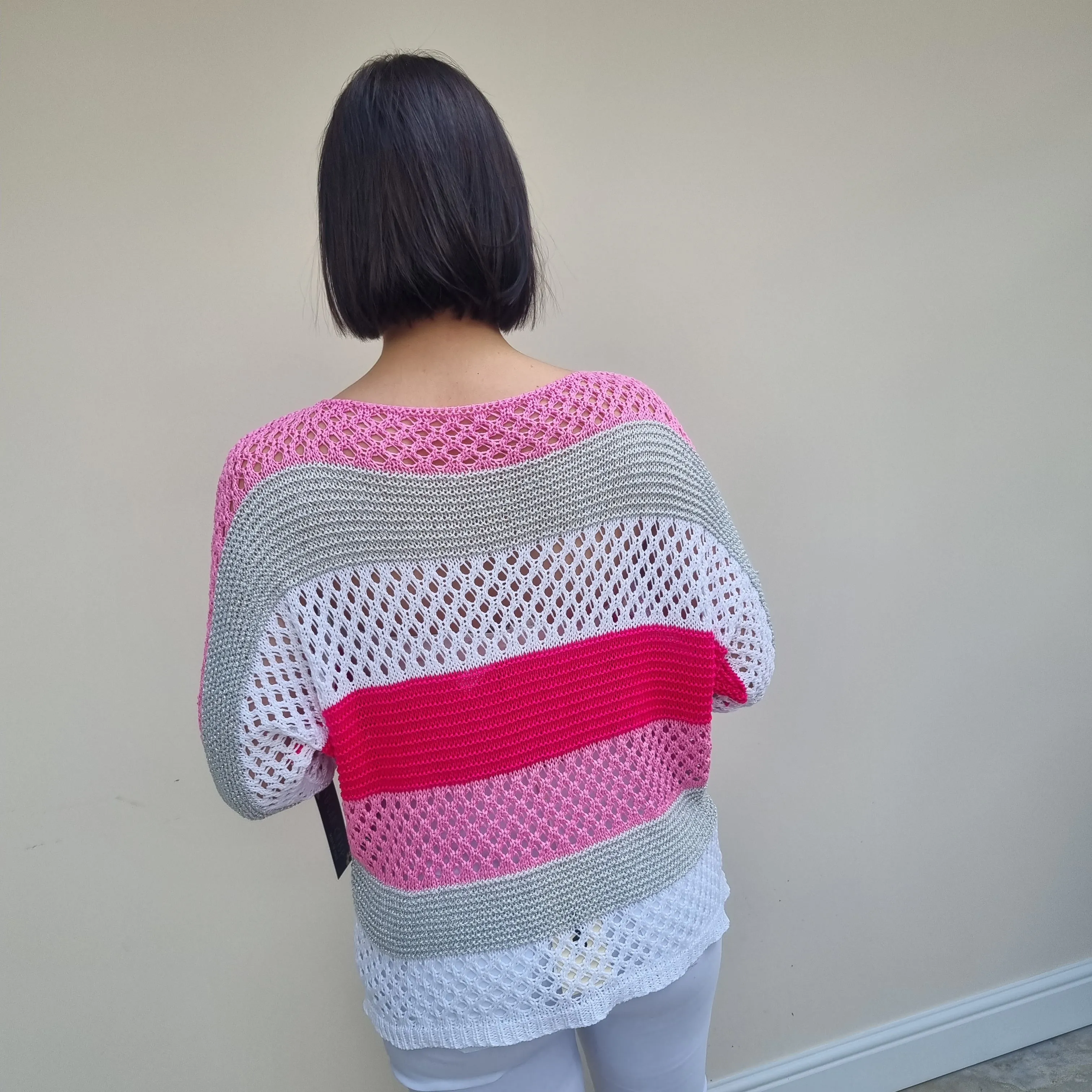 Sugar Crisp Crochet Knit Striped Top with Metallic