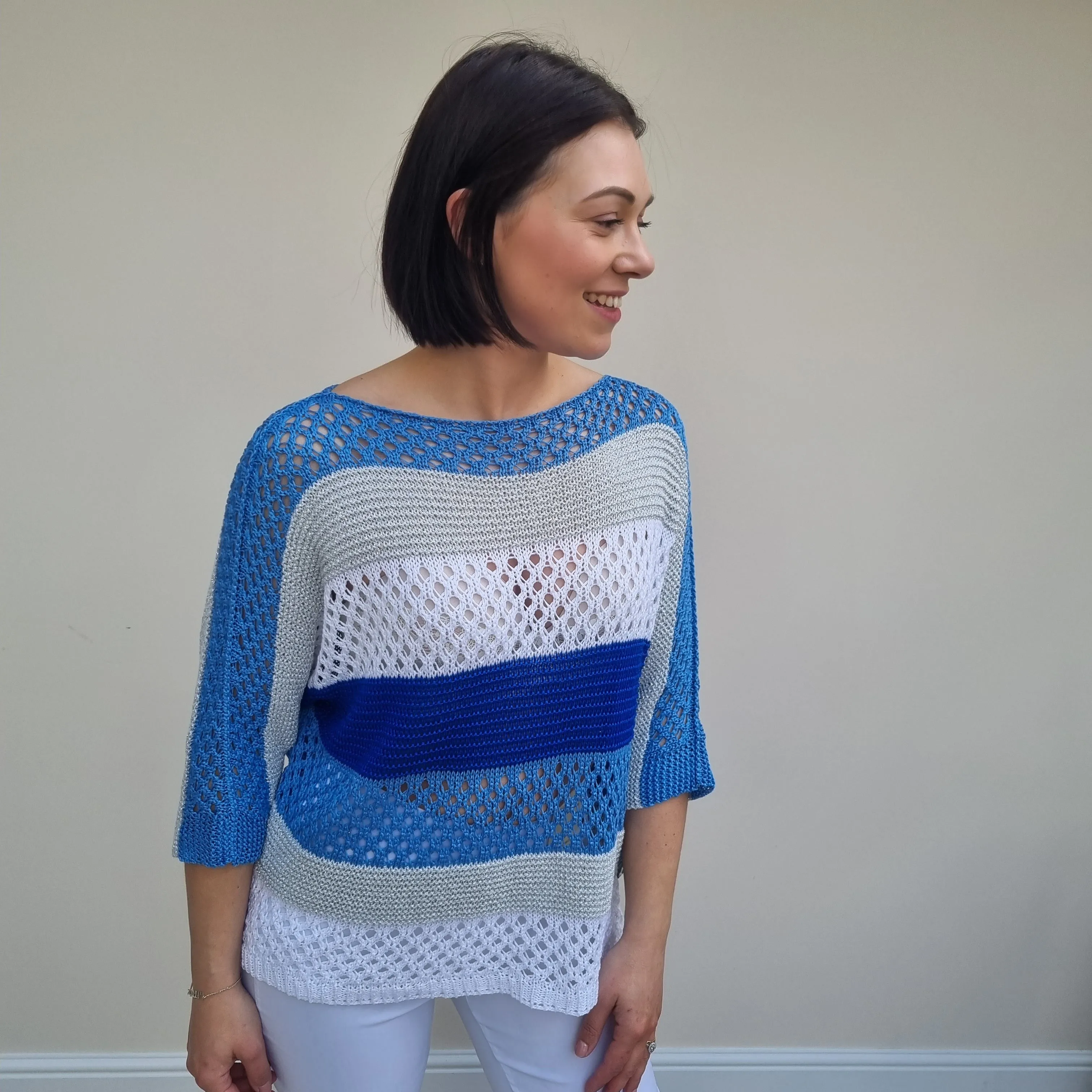 Sugar Crisp Crochet Knit Striped Top with Metallic