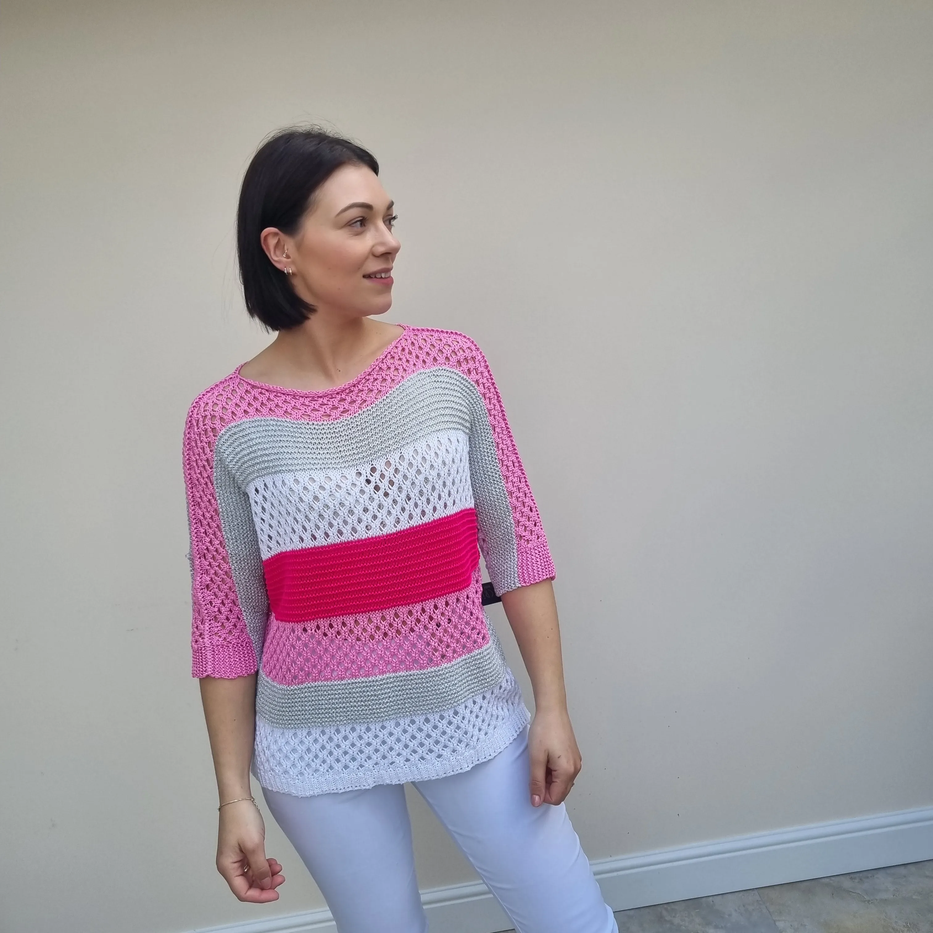 Sugar Crisp Crochet Knit Striped Top with Metallic