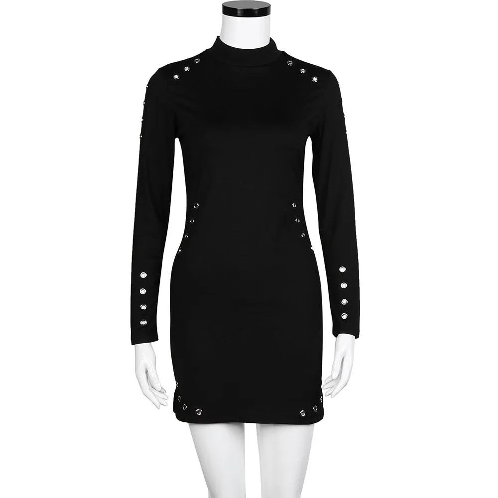 Women Black High-Necked Long Sleeve Package Hip Slim Dresses