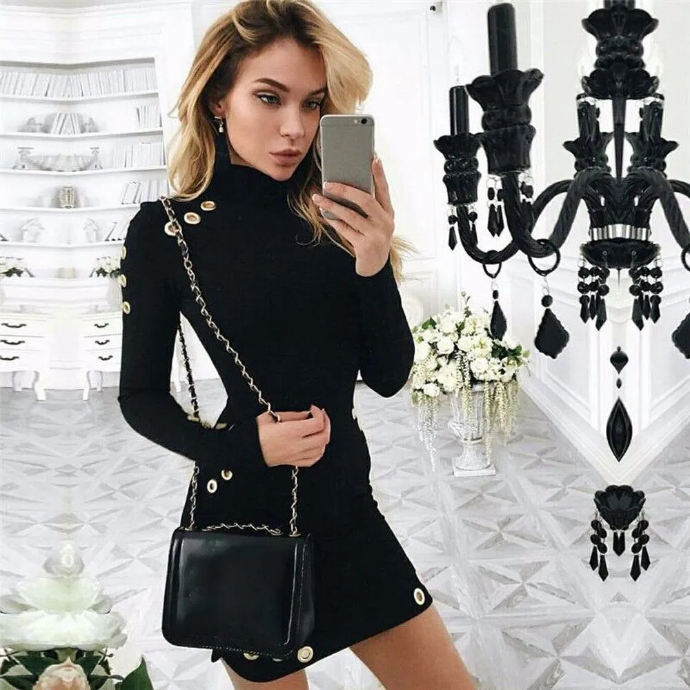 Women Black High-Necked Long Sleeve Package Hip Slim Dresses