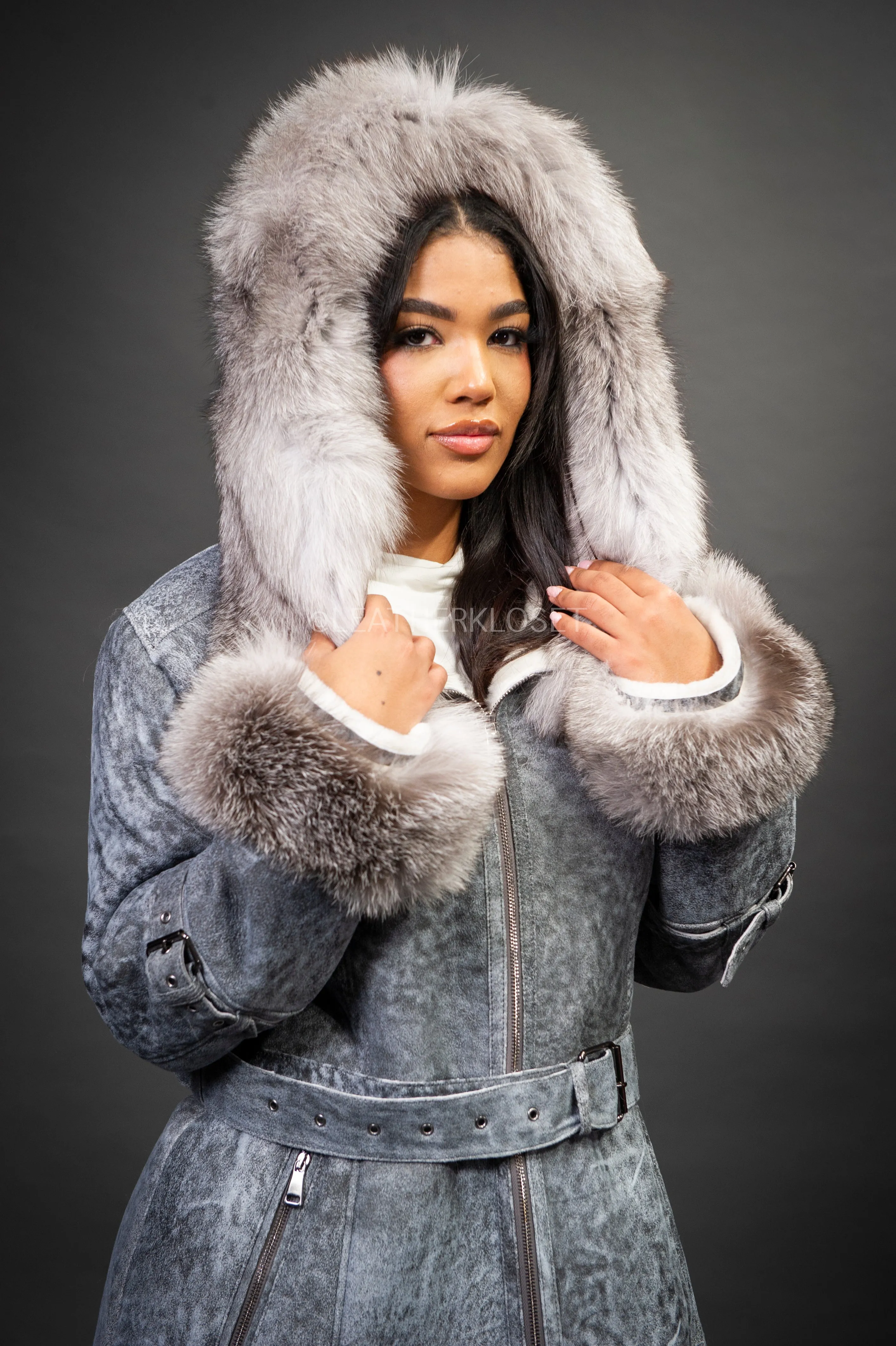 Women's Diana Shearling Sheepskin Jacket With Fox [Grey Distressed]