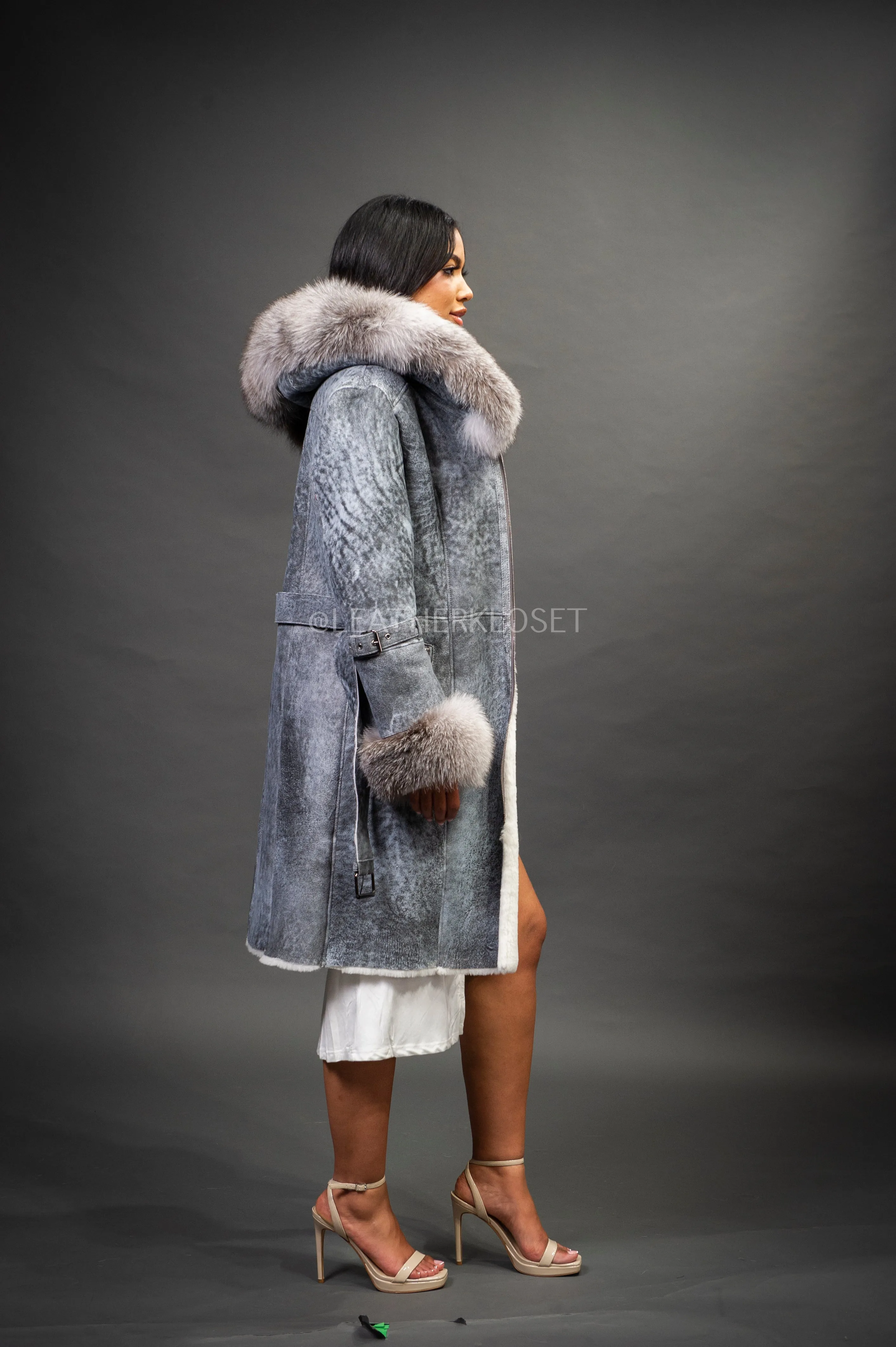 Women's Diana Shearling Sheepskin Jacket With Fox [Grey Distressed]