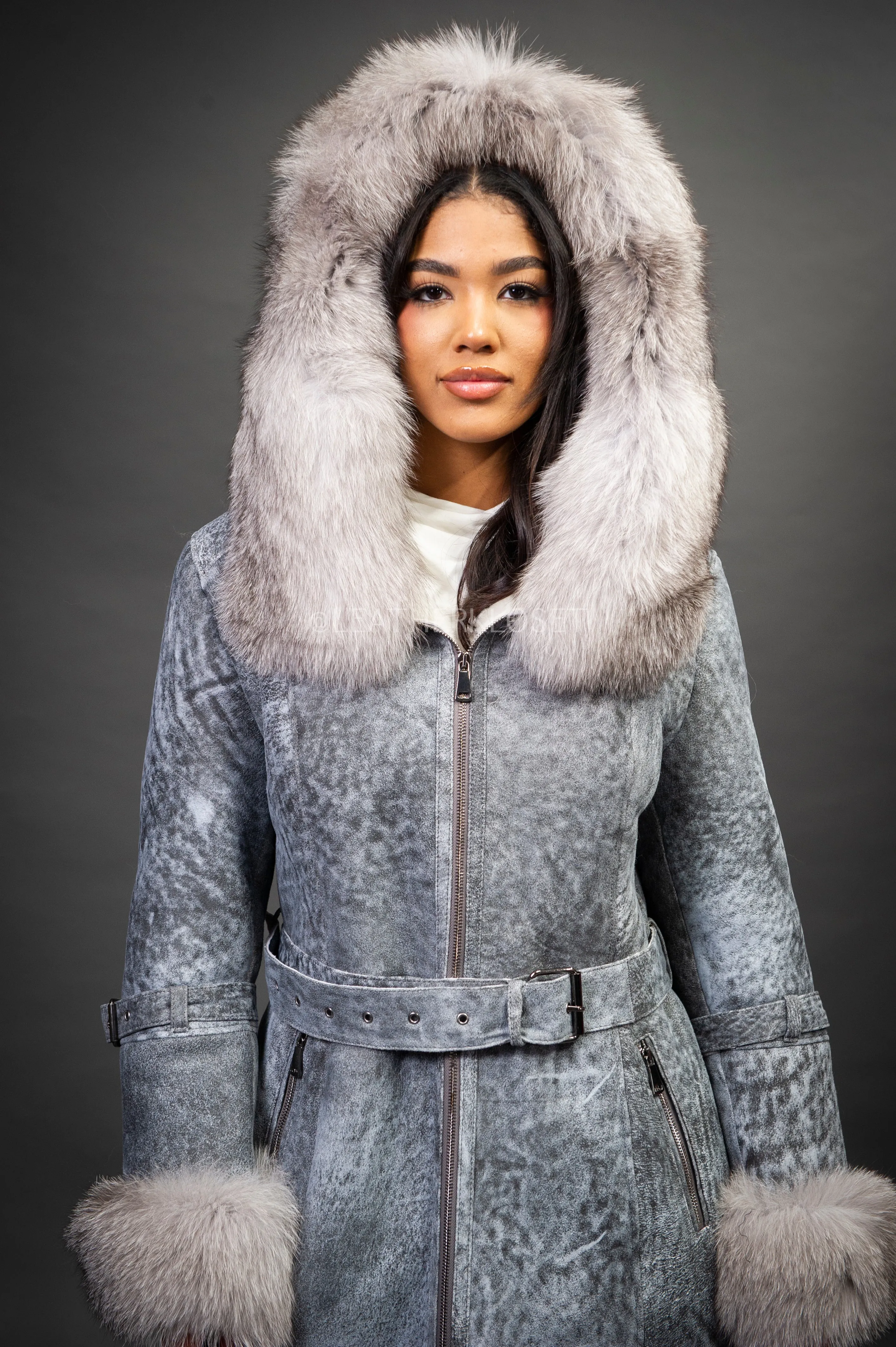 Women's Diana Shearling Sheepskin Jacket With Fox [Grey Distressed]